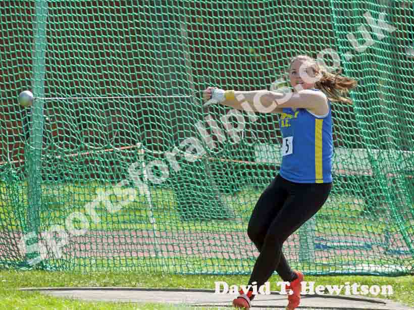 Katy Wilson (Birtley) wins the hammer with 47.97 in the North of England, Div. 4E, Whitley Bay.